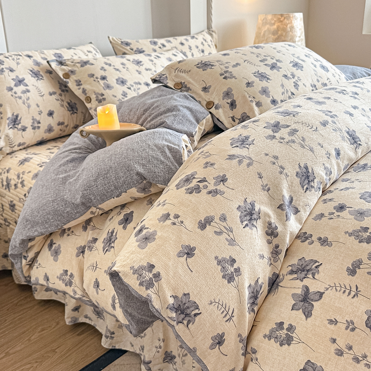 91家纺网 家纺一手货源 找家纺 富米莱（原臻工厂） 2025秋冬新品加厚高克重原麻复古风亚麻高端纽扣款床盖床单四件套 纽扣款-祥云