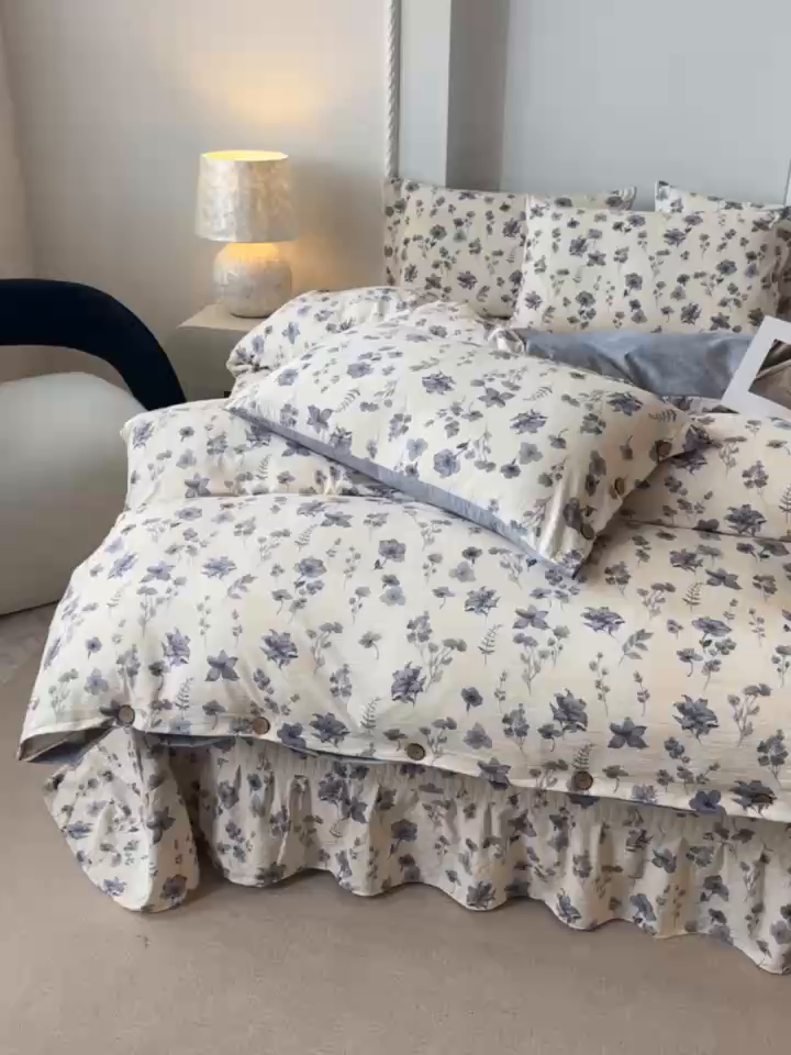 91家纺网 家纺一手货源 找家纺 富米莱（原臻工厂） 2025秋冬新品加厚高克重原麻复古风亚麻高端纽扣款床盖床单四件套 纽扣款-祥云