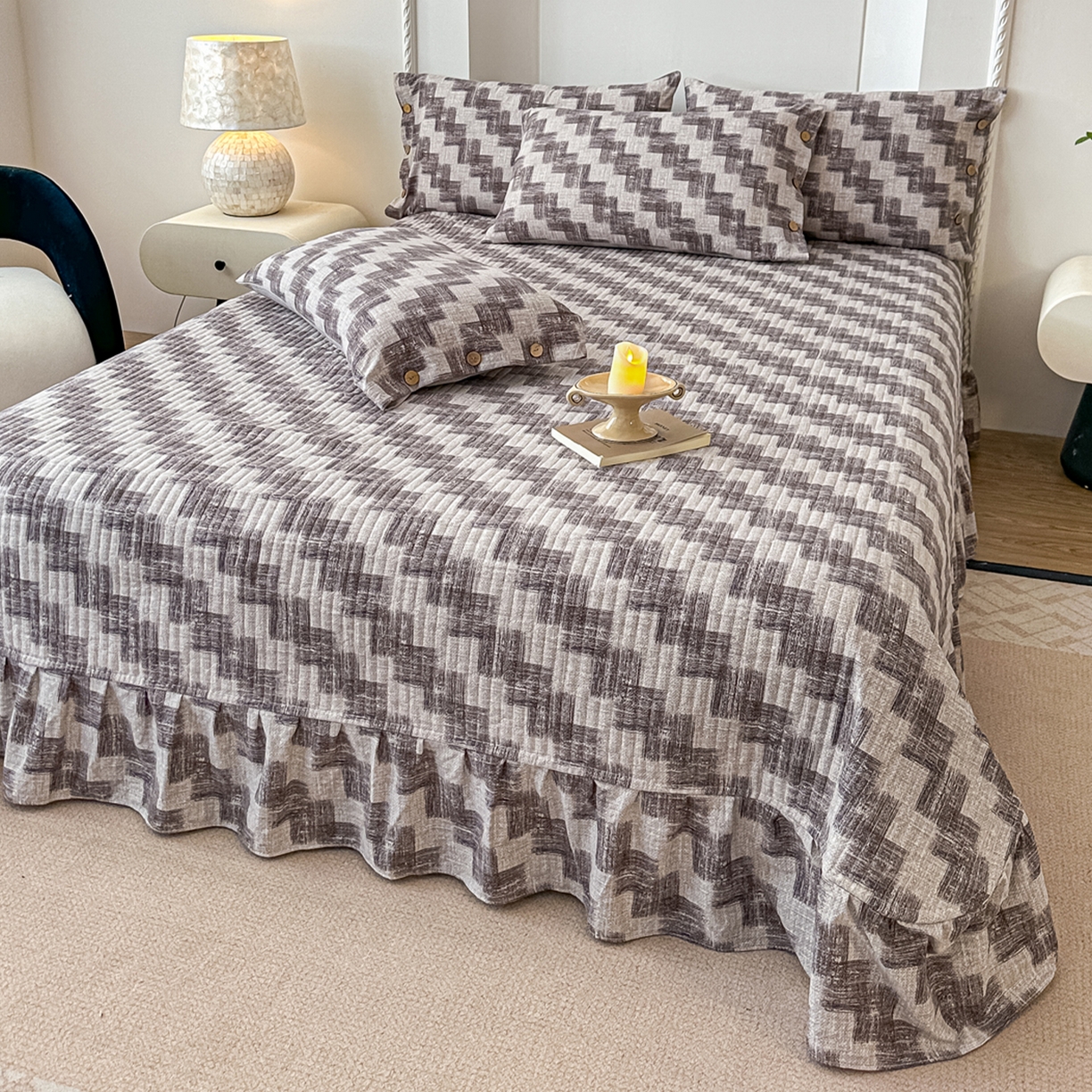 91家纺网 家纺一手货源 找家纺 富米莱（原臻工厂） 2025秋冬新品加厚高克重原麻复古风亚麻高端纽扣款床盖床单四件套 纽扣款-木槿