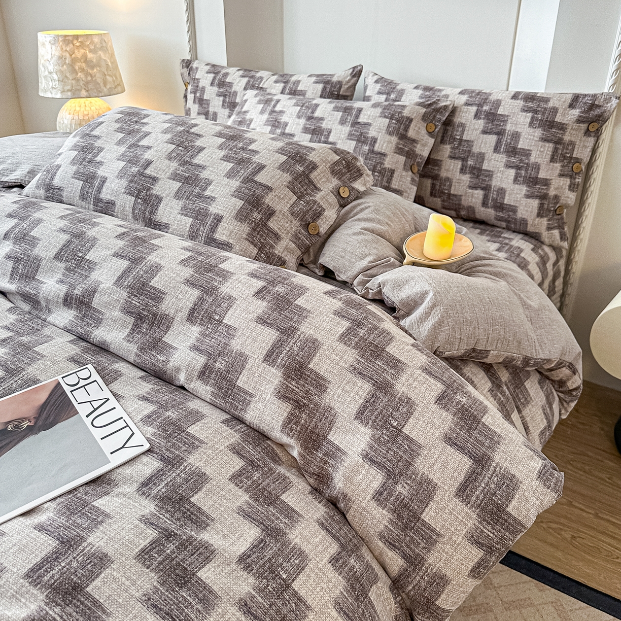 91家纺网 家纺一手货源 找家纺 富米莱（原臻工厂） 2025秋冬新品加厚高克重原麻复古风亚麻高端纽扣款床盖床单四件套 纽扣款-木槿