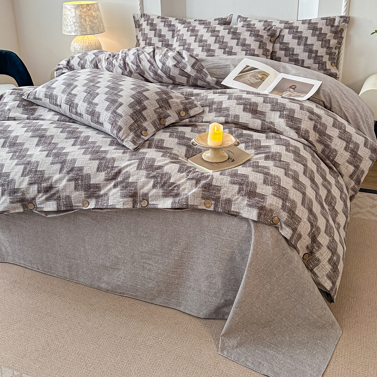 91家纺网 家纺一手货源 找家纺 富米莱（原臻工厂） 2025秋冬新品加厚高克重原麻复古风亚麻高端纽扣款床盖床单四件套 纽扣款-木槿