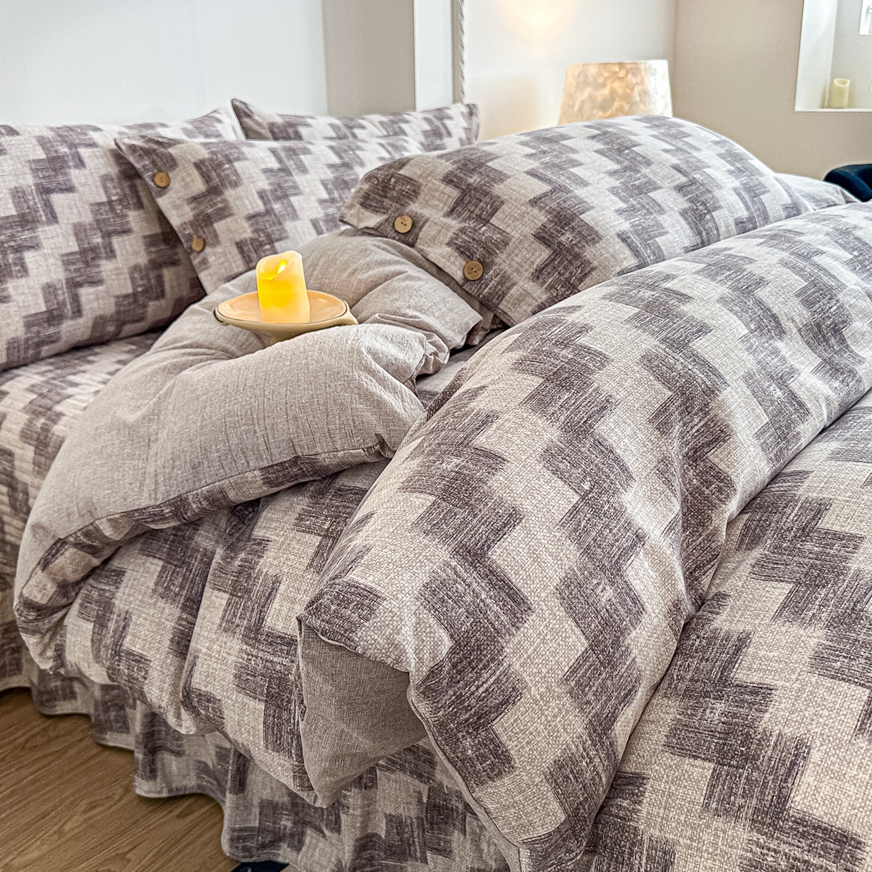 91家纺网 家纺一手货源 找家纺 富米莱（原臻工厂） 2025秋冬新品加厚高克重原麻复古风亚麻高端纽扣款床盖床单四件套 纽扣款-木槿