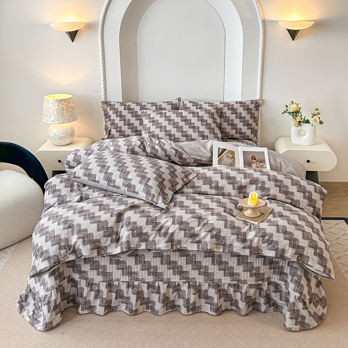 91家纺网 家纺一手货源 找家纺 富米莱（原臻工厂） 2025秋冬新品加厚高克重原麻复古风亚麻高端纽扣款床盖床单四件套 纽扣款-木槿