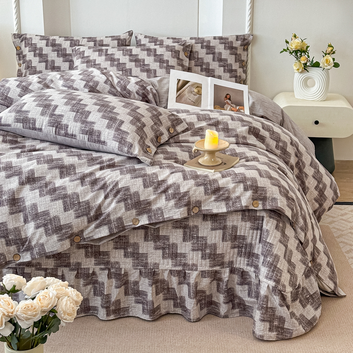 91家纺网 家纺一手货源 找家纺 富米莱（原臻工厂） 2025秋冬新品加厚高克重原麻复古风亚麻高端纽扣款床盖床单四件套 纽扣款-木槿