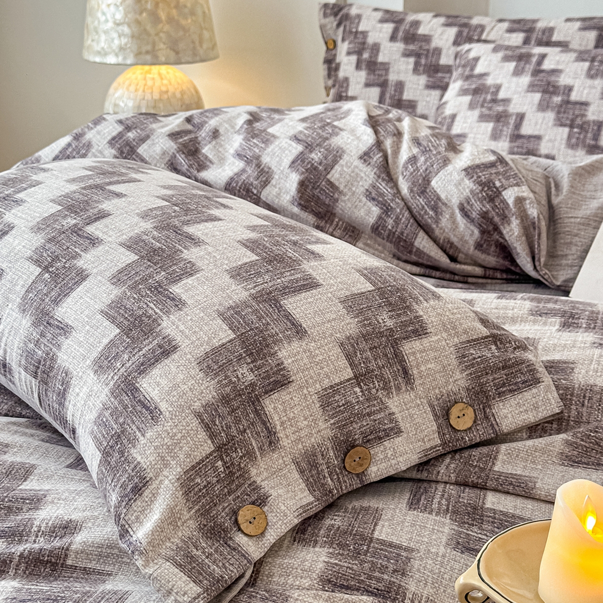 91家纺网 家纺一手货源 找家纺 富米莱（原臻工厂） 2025秋冬新品加厚高克重原麻复古风亚麻高端纽扣款床盖床单四件套 纽扣款-木槿