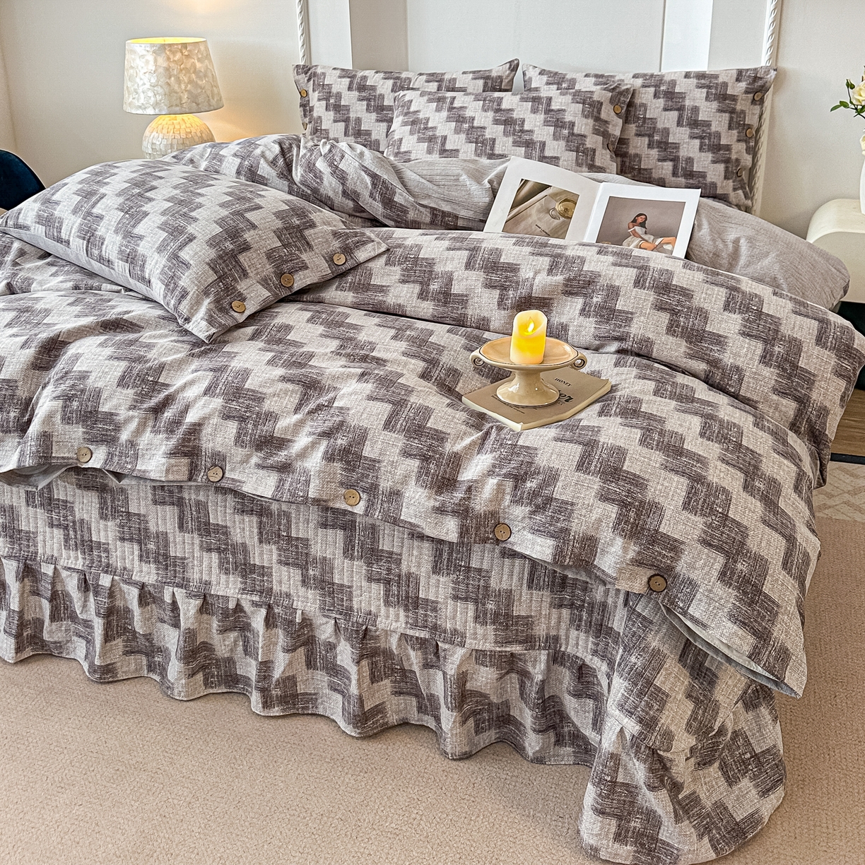 91家纺网 家纺一手货源 找家纺 富米莱（原臻工厂） 2025秋冬新品加厚高克重原麻复古风亚麻高端纽扣款床盖床单四件套 纽扣款-木槿