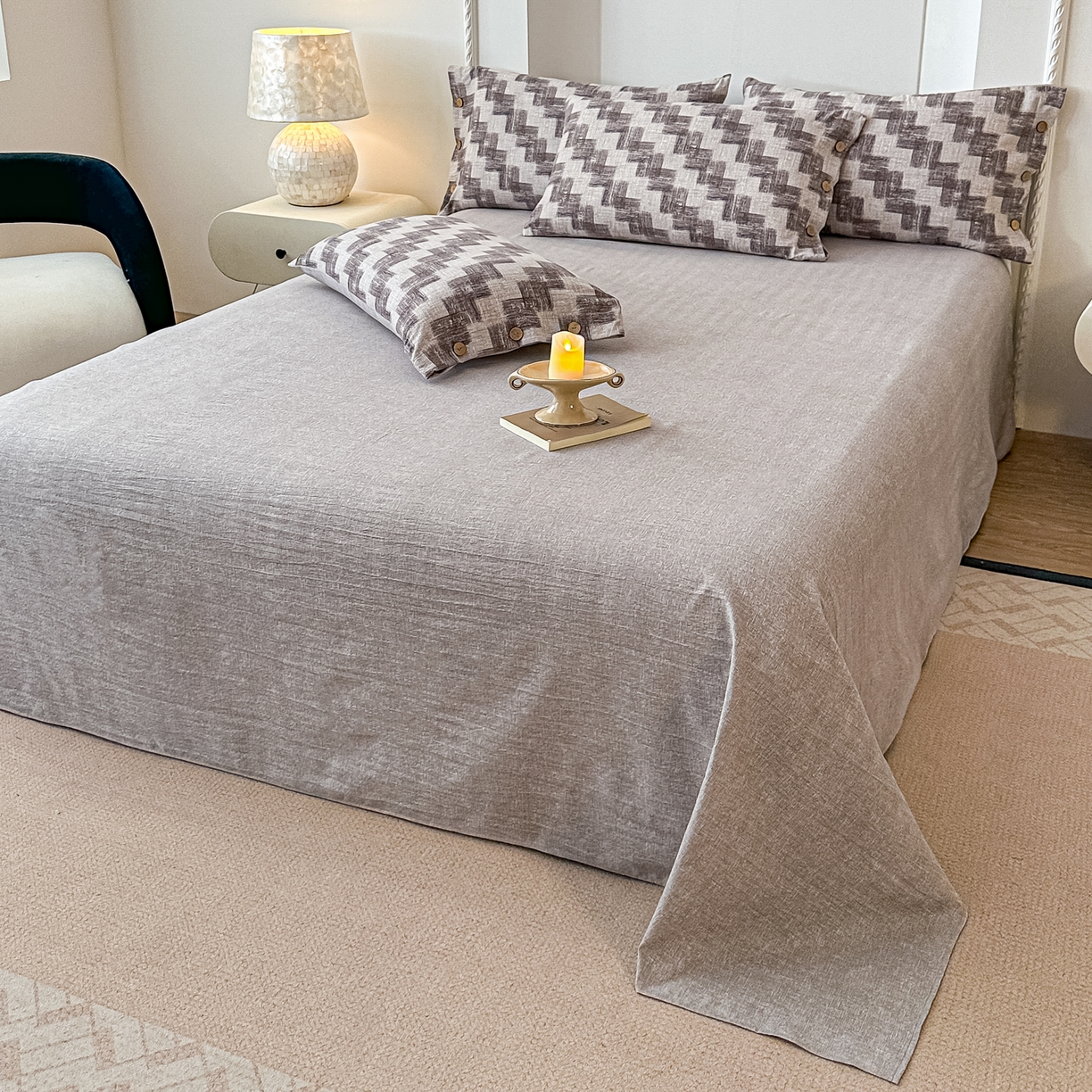 91家纺网 家纺一手货源 找家纺 富米莱（原臻工厂） 2025秋冬新品加厚高克重原麻复古风亚麻高端纽扣款床盖床单四件套 纽扣款-木槿