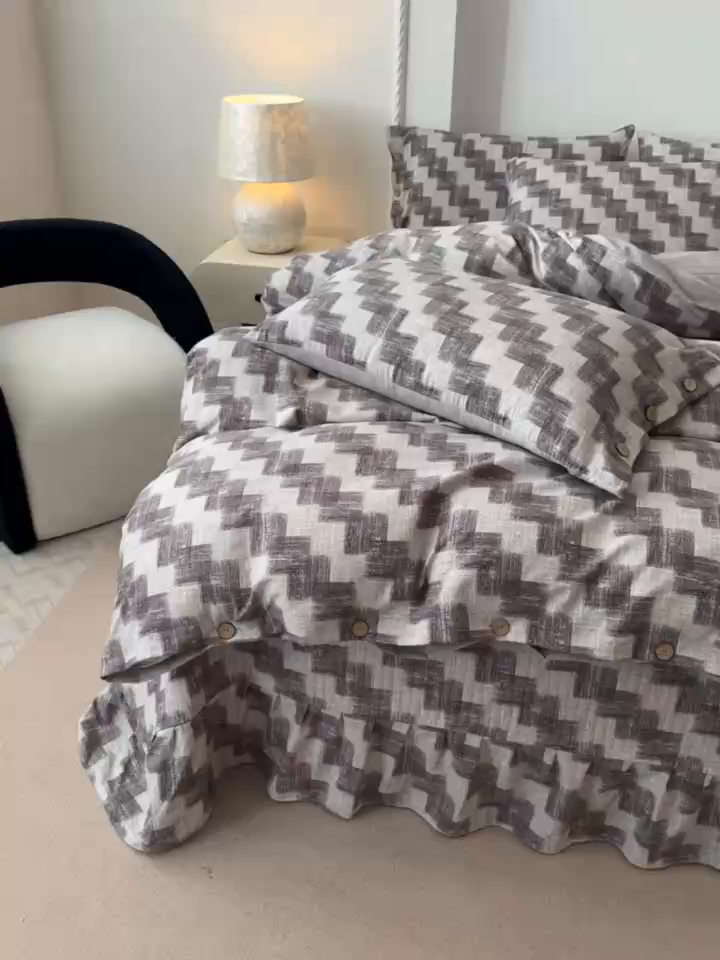 91家纺网 家纺一手货源 找家纺 富米莱（原臻工厂） 2025秋冬新品加厚高克重原麻复古风亚麻高端纽扣款床盖床单四件套 纽扣款-木槿