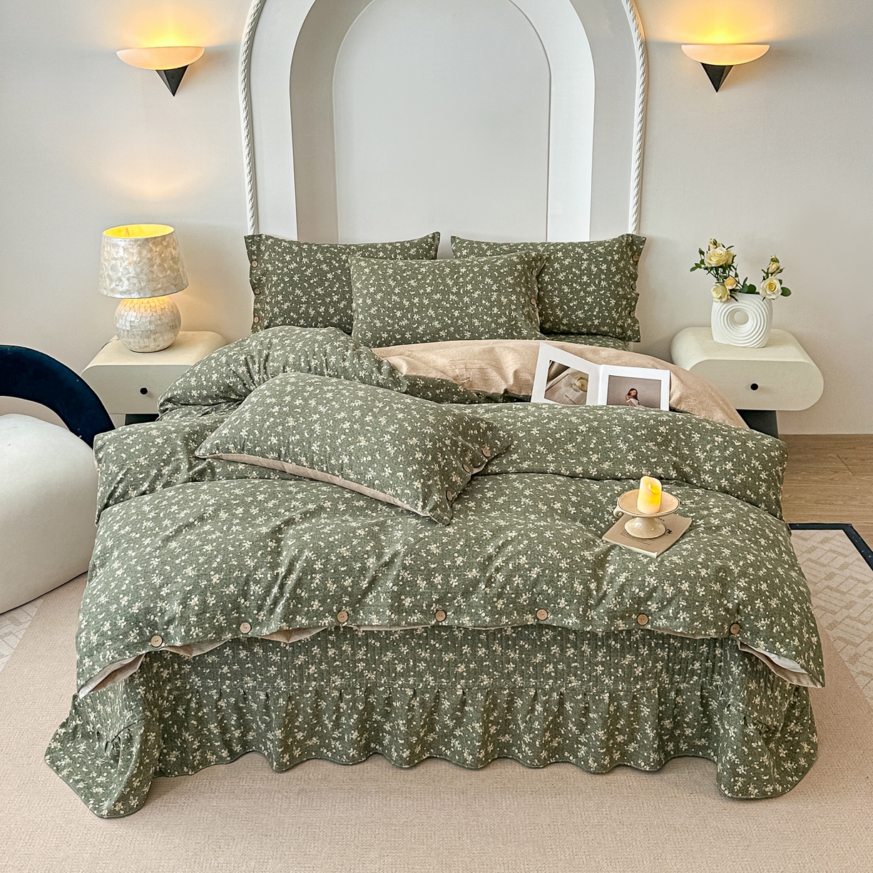 91家纺网 家纺一手货源 找家纺 富米莱（原臻工厂） 2025秋冬新品加厚高克重原麻复古风亚麻高端纽扣款床盖床单四件套 纽扣款-稻香绿