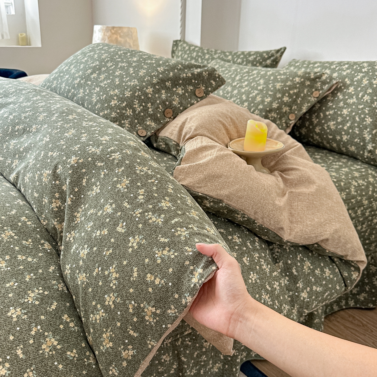 富米莱（原臻工厂） 2025秋冬新品加厚高克重原麻复古风亚麻高端纽扣款床盖床单四件套 纽扣款-稻香绿