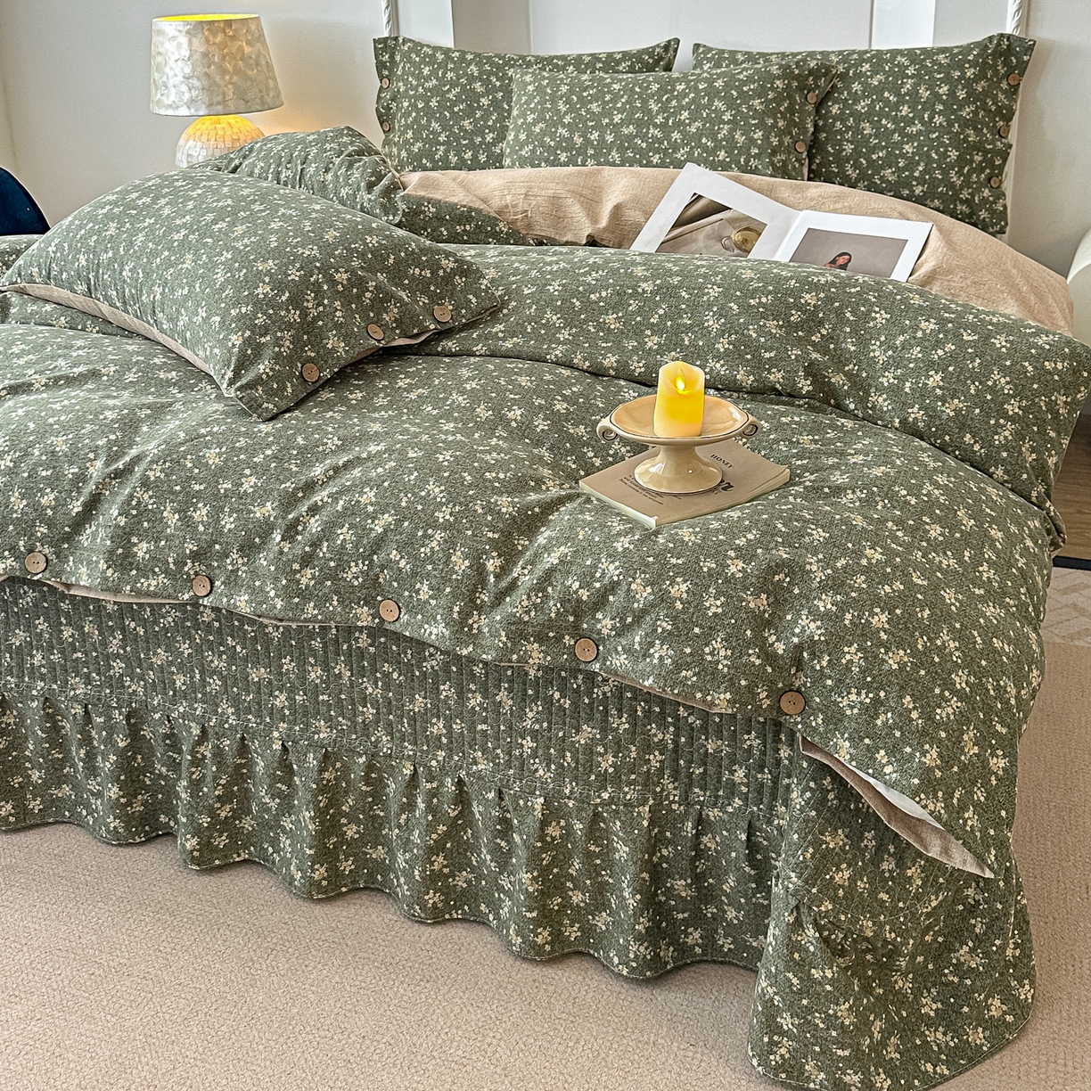 91家纺网 家纺一手货源 找家纺 富米莱（原臻工厂） 2025秋冬新品加厚高克重原麻复古风亚麻高端纽扣款床盖床单四件套 纽扣款-稻香绿