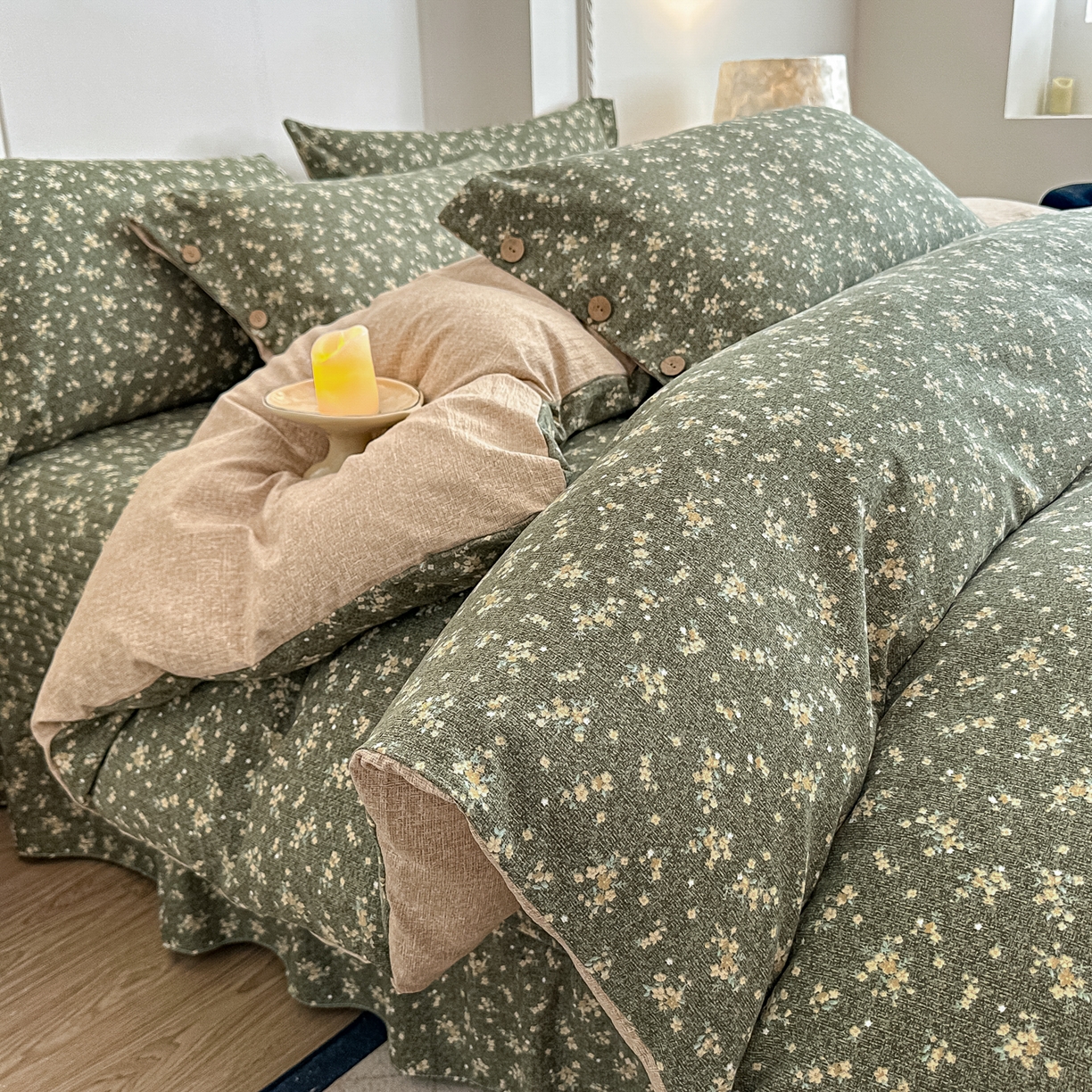 91家纺网 家纺一手货源 找家纺 富米莱（原臻工厂） 2025秋冬新品加厚高克重原麻复古风亚麻高端纽扣款床盖床单四件套 纽扣款-稻香绿