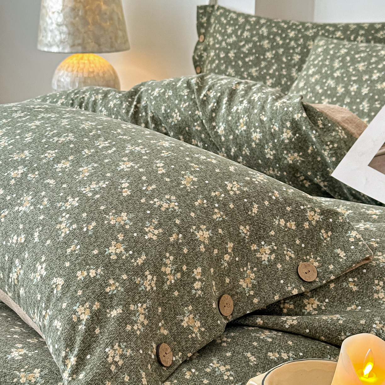 91家纺网 家纺一手货源 找家纺 富米莱（原臻工厂） 2025秋冬新品加厚高克重原麻复古风亚麻高端纽扣款床盖床单四件套 纽扣款-稻香绿