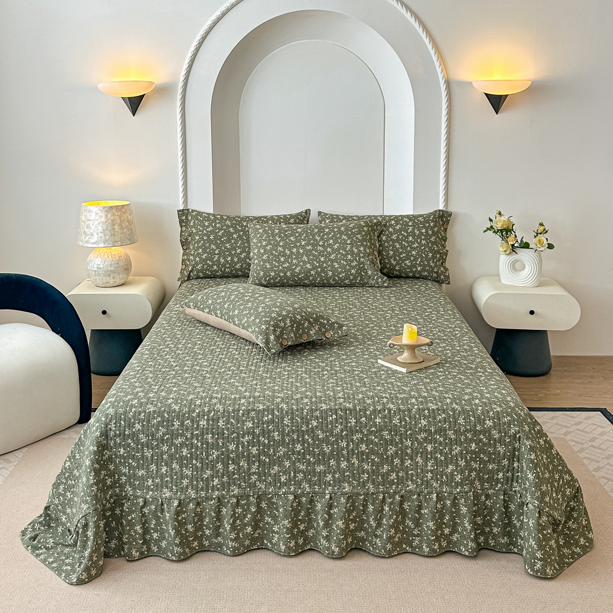 91家纺网 家纺一手货源 找家纺 富米莱（原臻工厂） 2025秋冬新品加厚高克重原麻复古风亚麻高端纽扣款床盖床单四件套 纽扣款-稻香绿