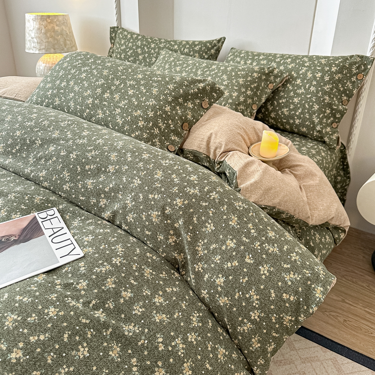 91家纺网 家纺一手货源 找家纺 富米莱（原臻工厂） 2025秋冬新品加厚高克重原麻复古风亚麻高端纽扣款床盖床单四件套 纽扣款-稻香绿