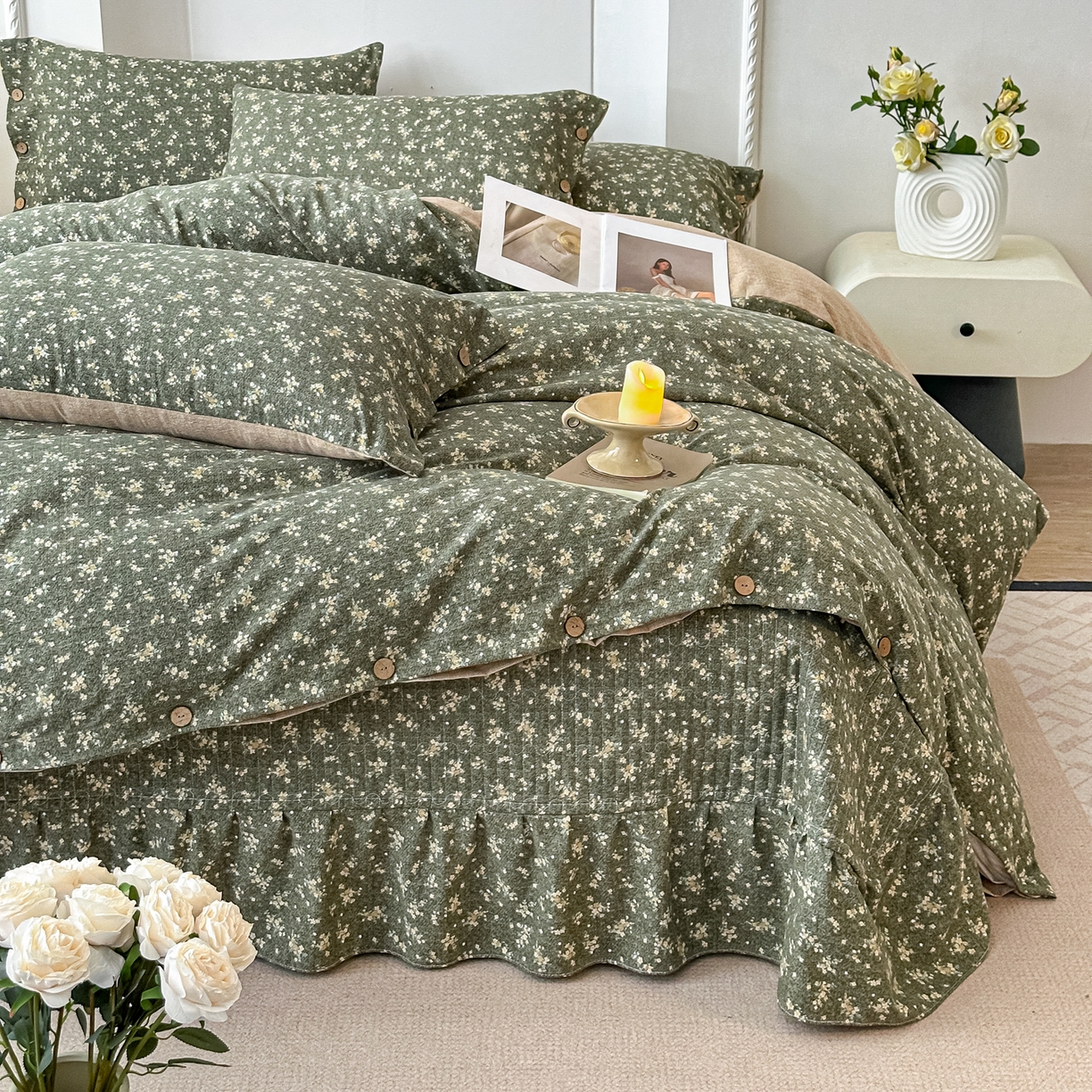 91家纺网 家纺一手货源 找家纺 富米莱（原臻工厂） 2025秋冬新品加厚高克重原麻复古风亚麻高端纽扣款床盖床单四件套 纽扣款-稻香绿