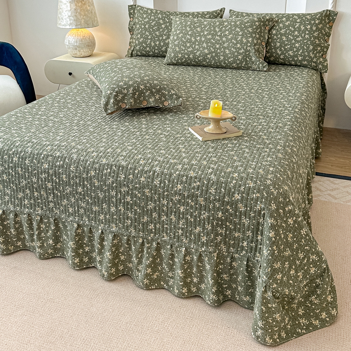 91家纺网 家纺一手货源 找家纺 富米莱（原臻工厂） 2025秋冬新品加厚高克重原麻复古风亚麻高端纽扣款床盖床单四件套 纽扣款-稻香绿