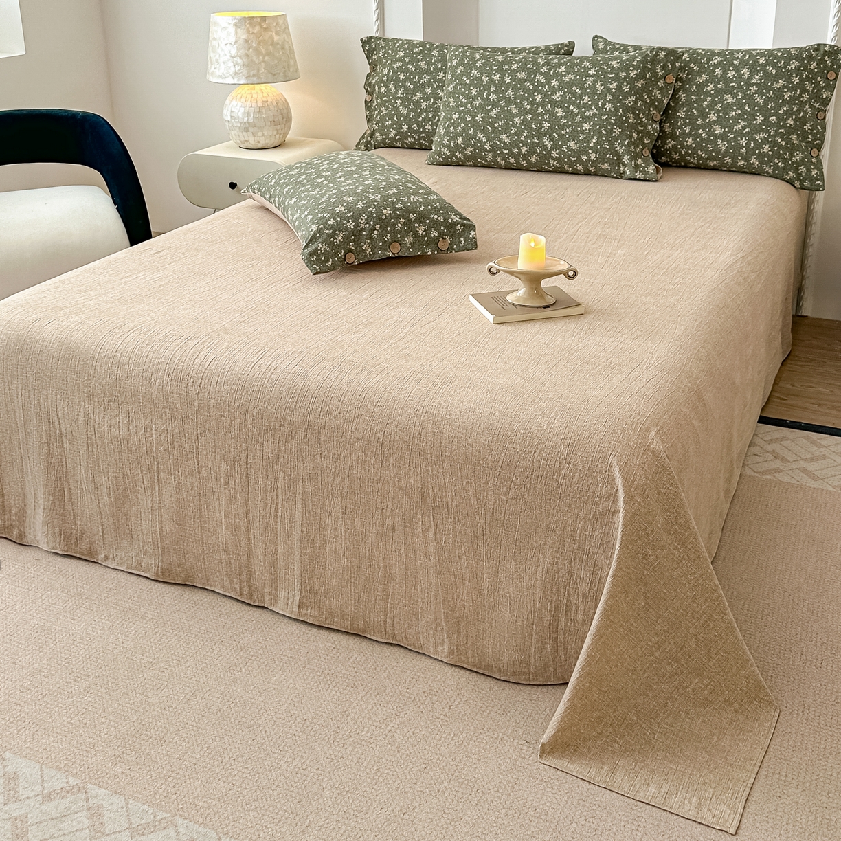 91家纺网 家纺一手货源 找家纺 富米莱（原臻工厂） 2025秋冬新品加厚高克重原麻复古风亚麻高端纽扣款床盖床单四件套 纽扣款-稻香绿