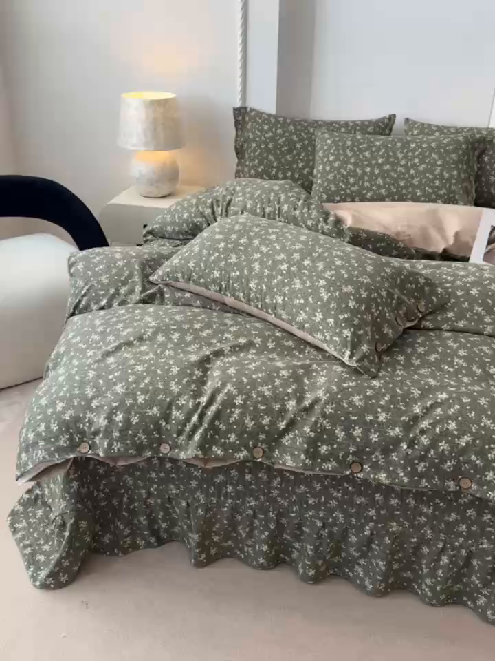 91家纺网 家纺一手货源 找家纺 富米莱（原臻工厂） 2025秋冬新品加厚高克重原麻复古风亚麻高端纽扣款床盖床单四件套 纽扣款-稻香绿