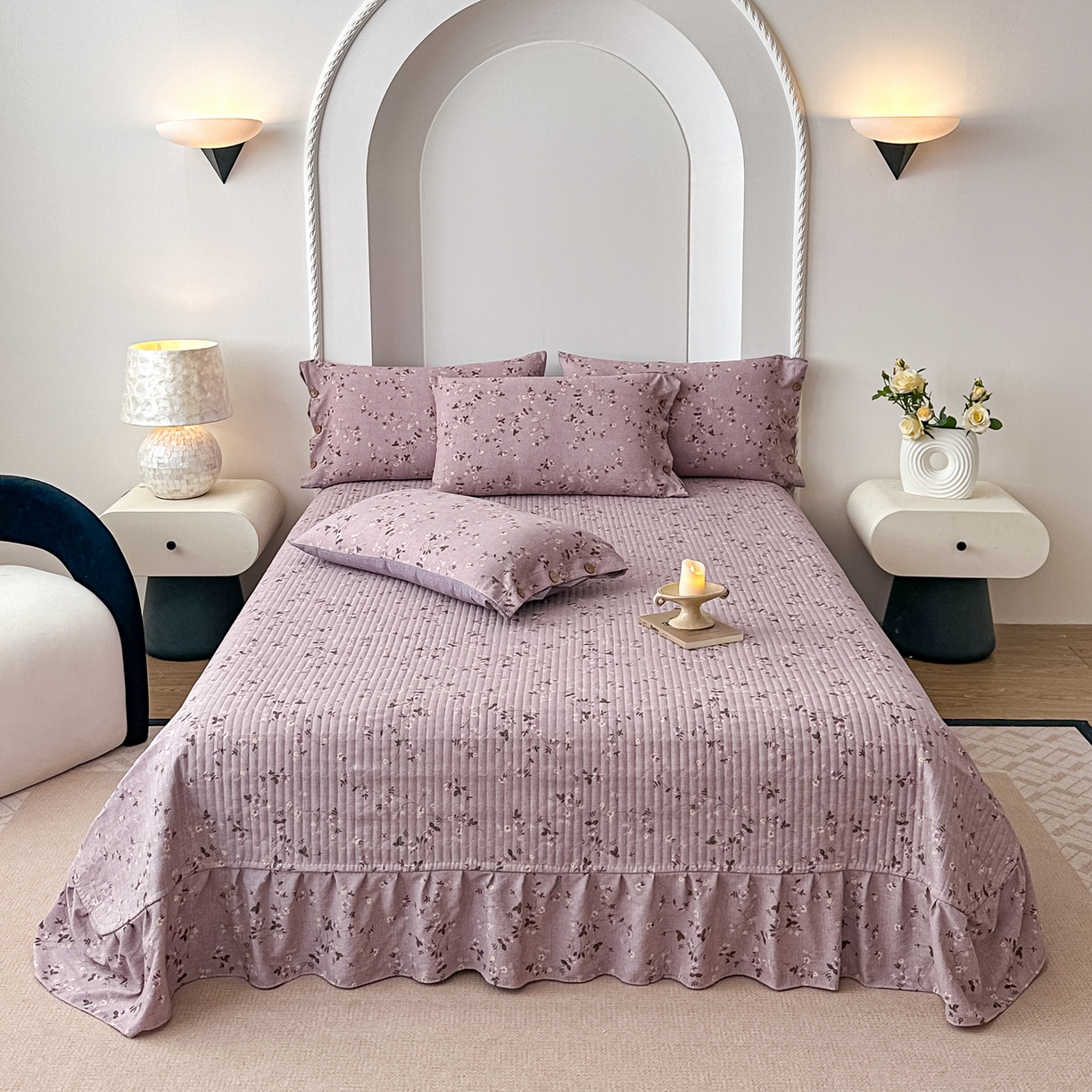 91家纺网 家纺一手货源 找家纺 富米莱（原臻工厂） 2025秋冬新品加厚高克重原麻复古风亚麻高端纽扣款床盖床单四件套 纽扣款-大喜紫