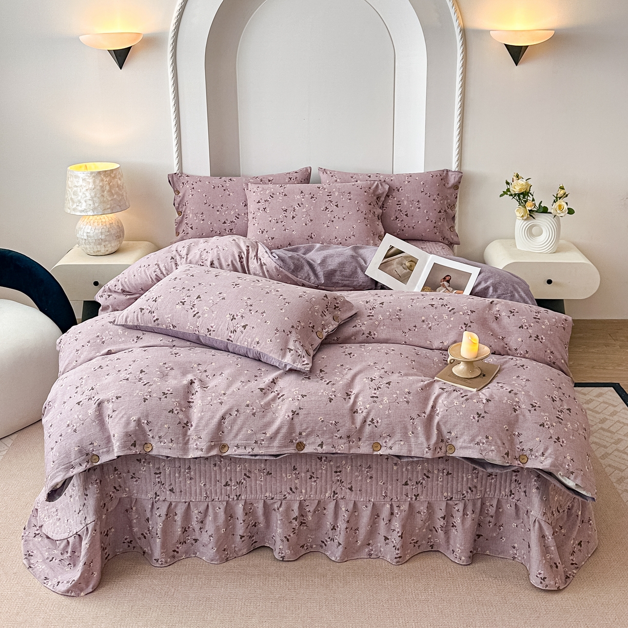 91家纺网 家纺一手货源 找家纺 富米莱（原臻工厂） 2025秋冬新品加厚高克重原麻复古风亚麻高端纽扣款床盖床单四件套 纽扣款-大喜紫