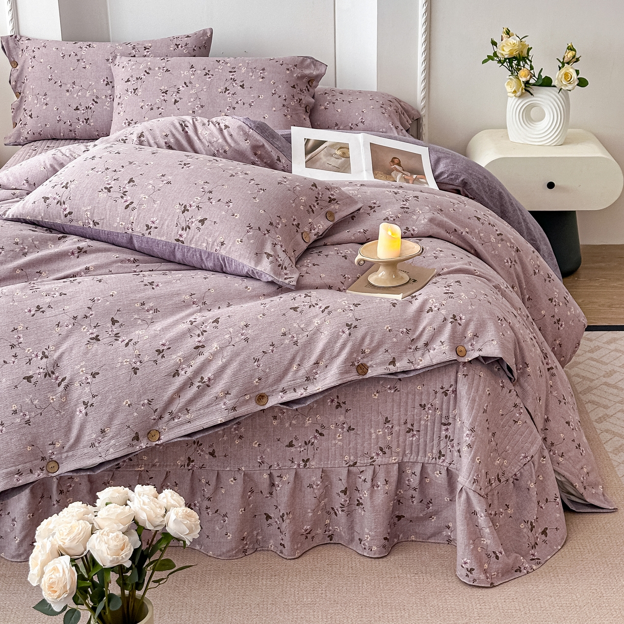 91家纺网 家纺一手货源 找家纺 富米莱（原臻工厂） 2025秋冬新品加厚高克重原麻复古风亚麻高端纽扣款床盖床单四件套 纽扣款-大喜紫