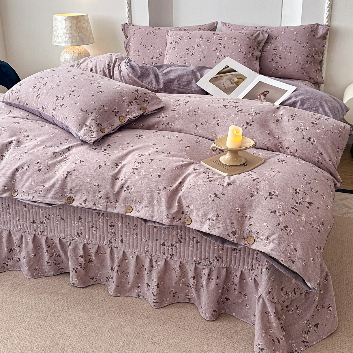 91家纺网 家纺一手货源 找家纺 富米莱（原臻工厂） 2025秋冬新品加厚高克重原麻复古风亚麻高端纽扣款床盖床单四件套 纽扣款-大喜紫