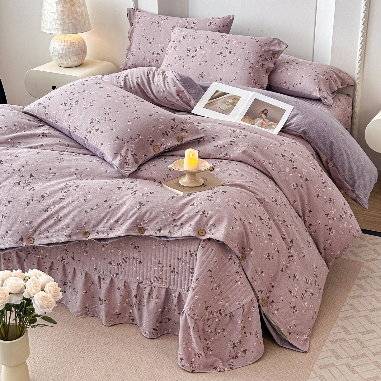 91家纺网 家纺一手货源 找家纺 富米莱（原臻工厂） 2025秋冬新品加厚高克重原麻复古风亚麻高端纽扣款床盖床单四件套 纽扣款-大喜紫