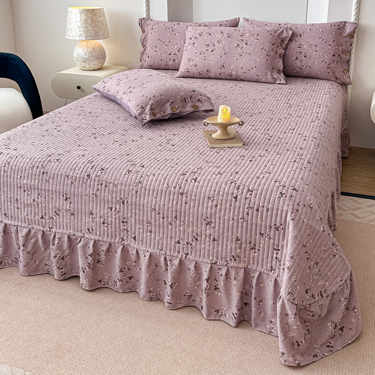 91家纺网 家纺一手货源 找家纺 富米莱（原臻工厂） 2025秋冬新品加厚高克重原麻复古风亚麻高端纽扣款床盖床单四件套 纽扣款-大喜紫