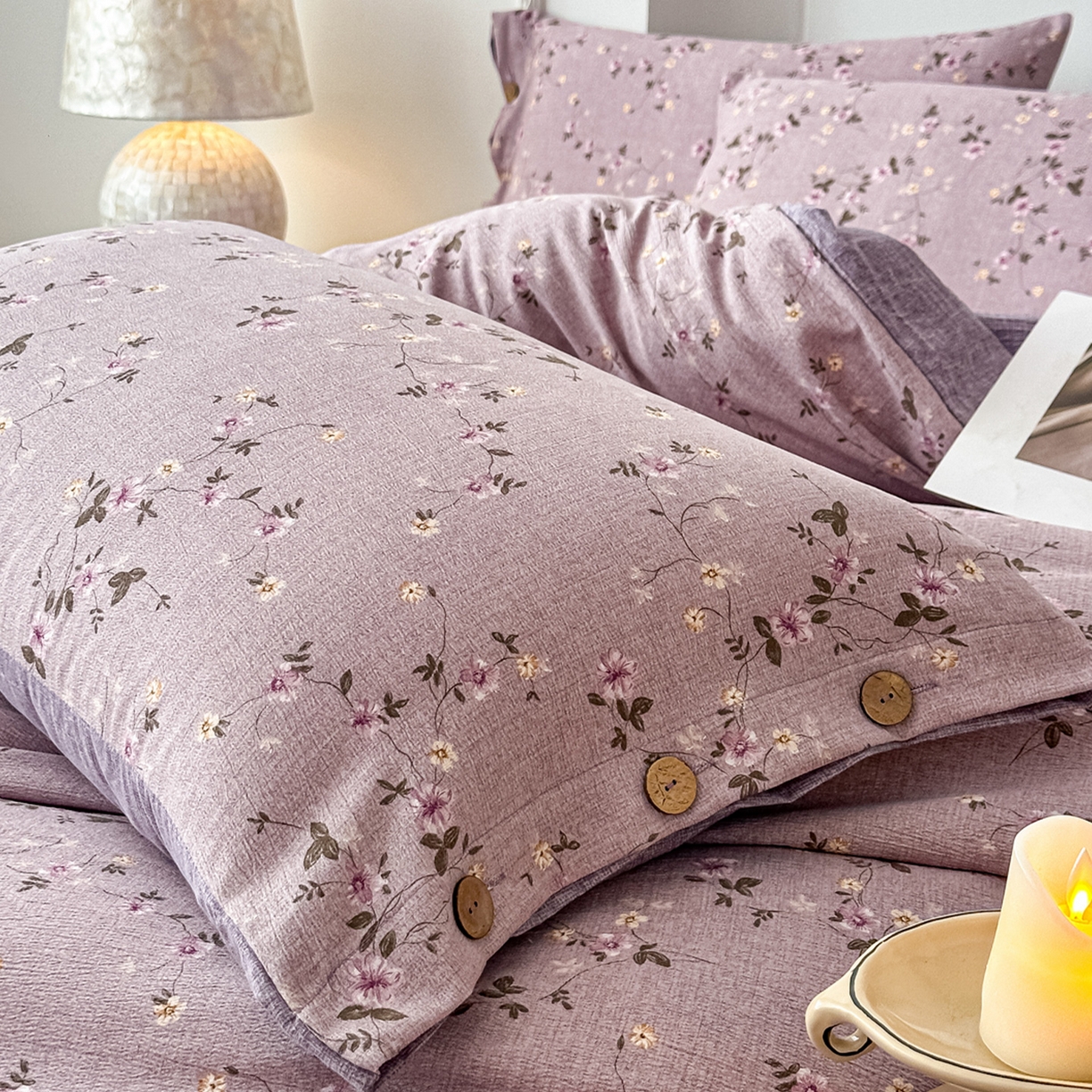 91家纺网 家纺一手货源 找家纺 富米莱（原臻工厂） 2025秋冬新品加厚高克重原麻复古风亚麻高端纽扣款床盖床单四件套 纽扣款-大喜紫