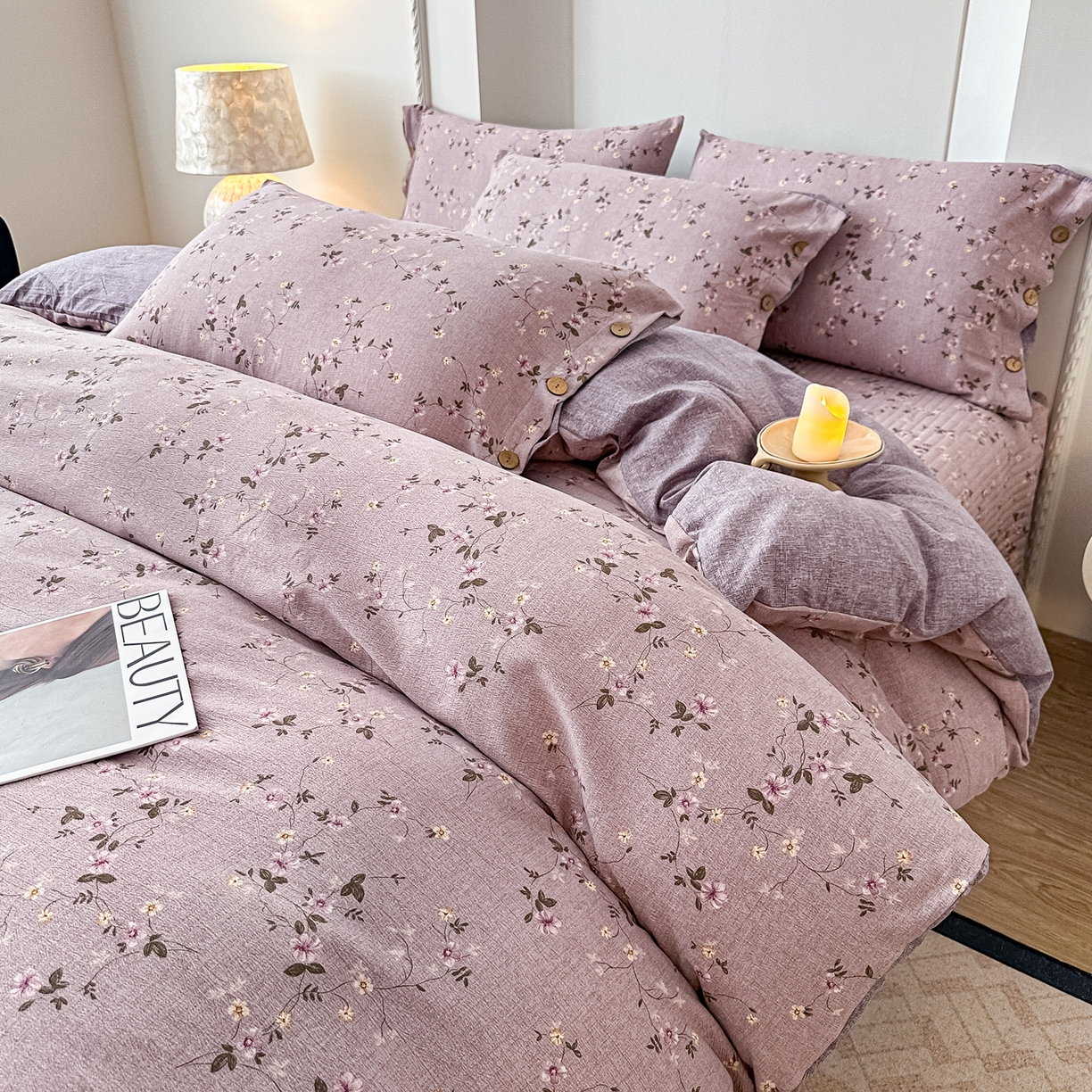 91家纺网 家纺一手货源 找家纺 富米莱（原臻工厂） 2025秋冬新品加厚高克重原麻复古风亚麻高端纽扣款床盖床单四件套 纽扣款-大喜紫