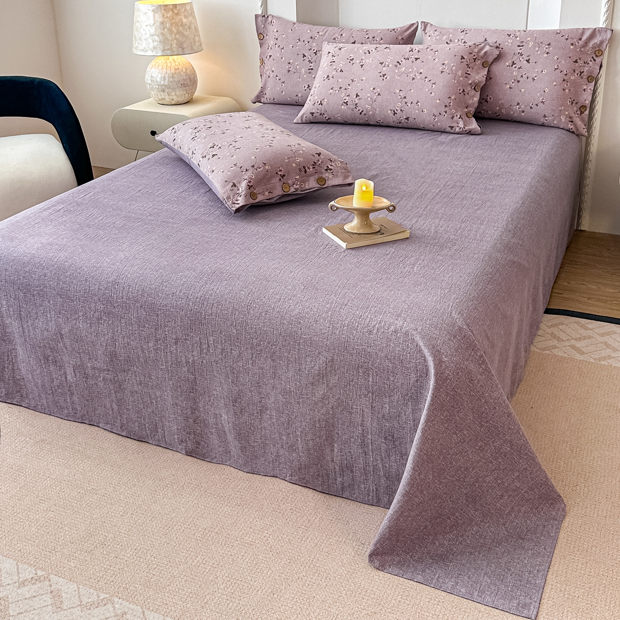 91家纺网 家纺一手货源 找家纺 富米莱（原臻工厂） 2025秋冬新品加厚高克重原麻复古风亚麻高端纽扣款床盖床单四件套 纽扣款-大喜紫