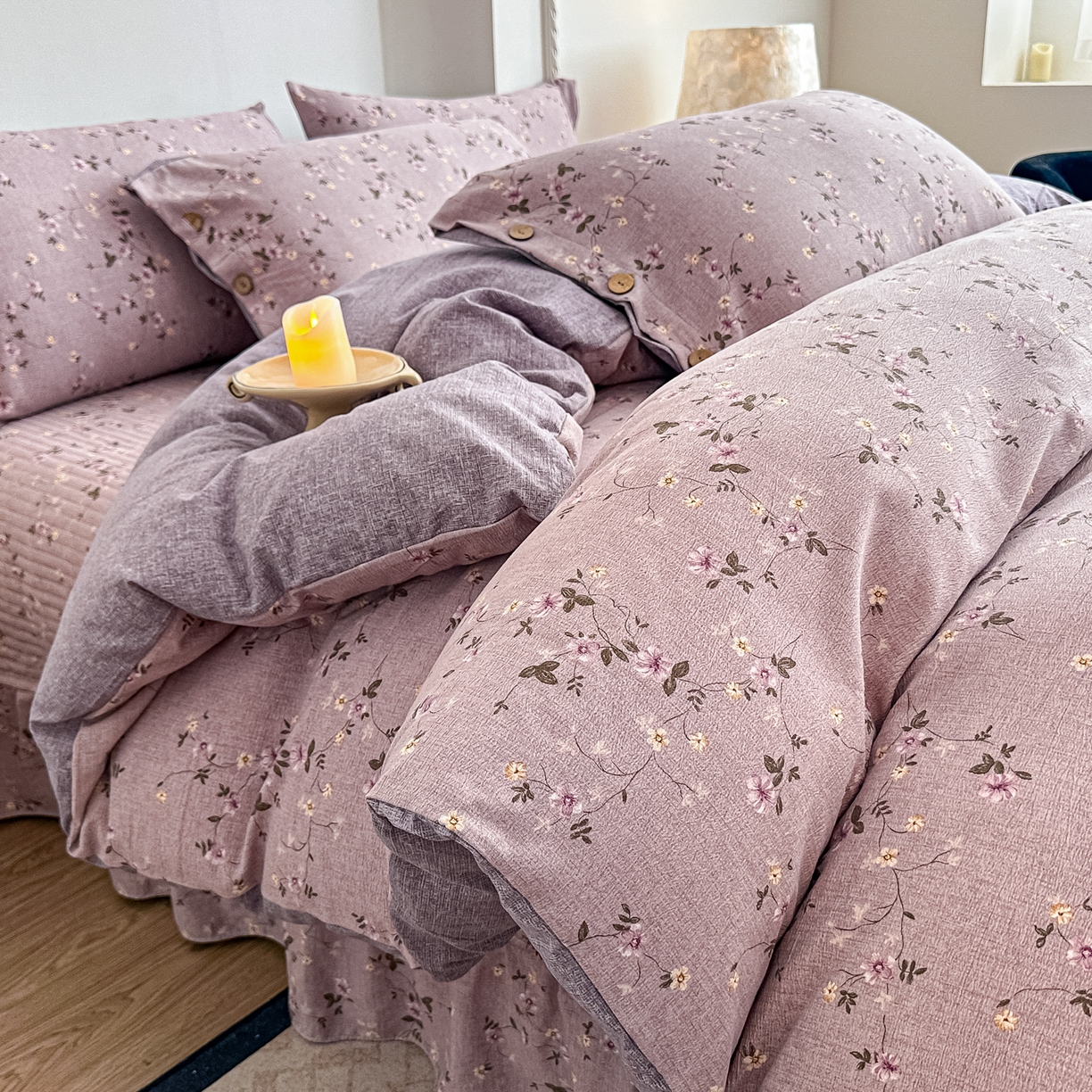 91家纺网 家纺一手货源 找家纺 富米莱（原臻工厂） 2025秋冬新品加厚高克重原麻复古风亚麻高端纽扣款床盖床单四件套 纽扣款-大喜紫