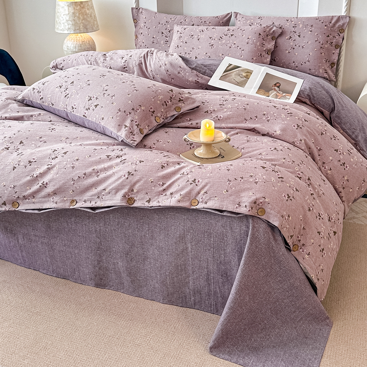 91家纺网 家纺一手货源 找家纺 富米莱（原臻工厂） 2025秋冬新品加厚高克重原麻复古风亚麻高端纽扣款床盖床单四件套 纽扣款-大喜紫