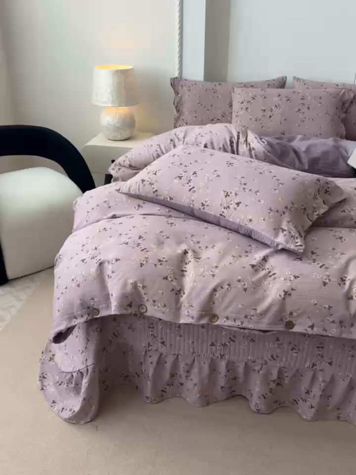 91家纺网 家纺一手货源 找家纺 富米莱（原臻工厂） 2025秋冬新品加厚高克重原麻复古风亚麻高端纽扣款床盖床单四件套 纽扣款-大喜紫