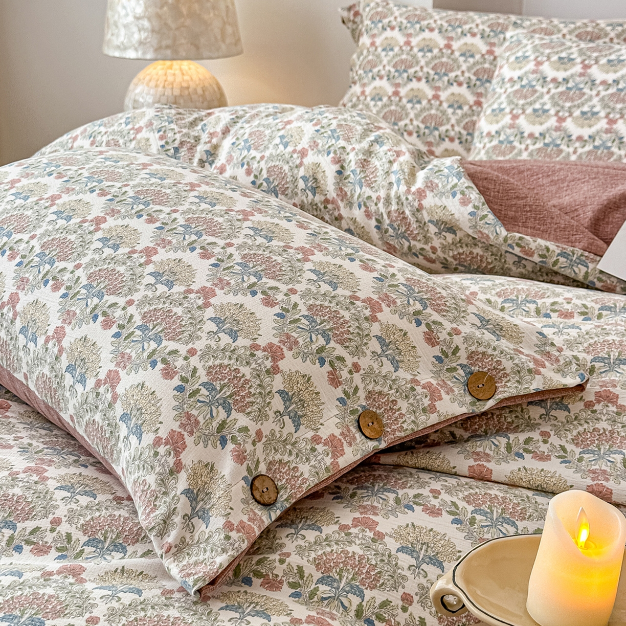 91家纺网 家纺一手货源 找家纺 富米莱（原臻工厂） 2025秋冬新品加厚高克重原麻复古风亚麻高端纽扣款床盖床单四件套 纽扣款-百合欢