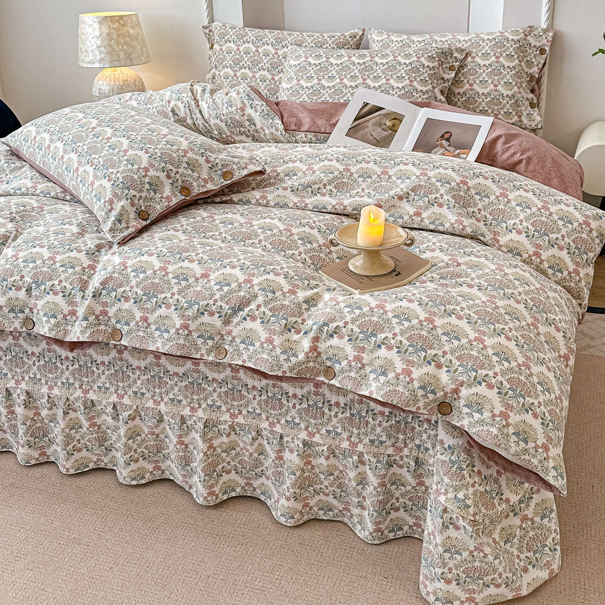 91家纺网 家纺一手货源 找家纺 富米莱（原臻工厂） 2025秋冬新品加厚高克重原麻复古风亚麻高端纽扣款床盖床单四件套 纽扣款-百合欢