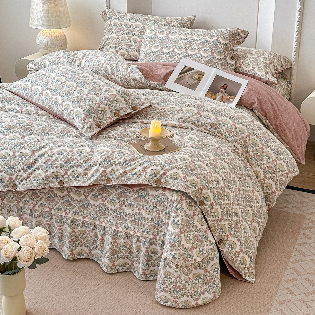 91家纺网 家纺一手货源 找家纺 富米莱（原臻工厂） 2025秋冬新品加厚高克重原麻复古风亚麻高端纽扣款床盖床单四件套 纽扣款-百合欢