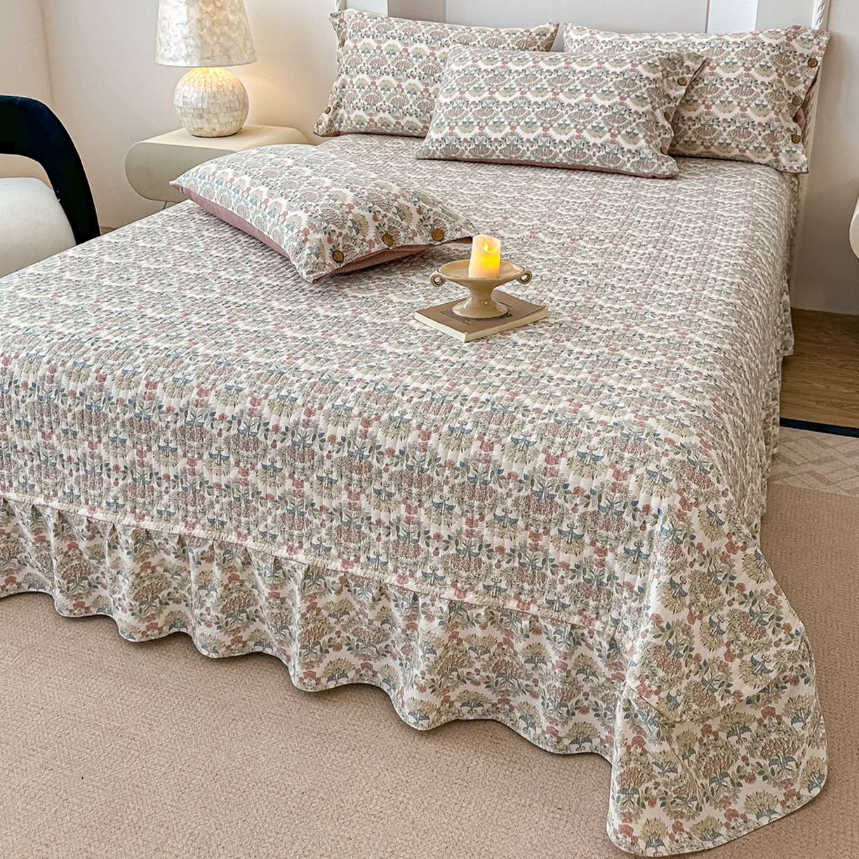 91家纺网 家纺一手货源 找家纺 富米莱（原臻工厂） 2025秋冬新品加厚高克重原麻复古风亚麻高端纽扣款床盖床单四件套 纽扣款-百合欢