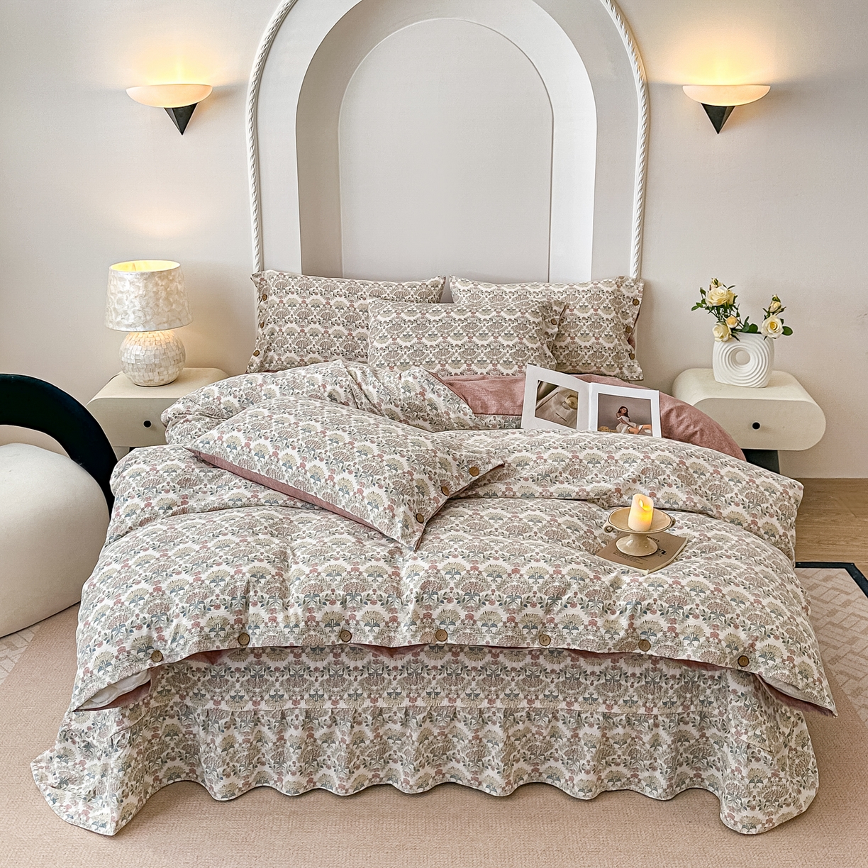 91家纺网 家纺一手货源 找家纺 富米莱（原臻工厂） 2025秋冬新品加厚高克重原麻复古风亚麻高端纽扣款床盖床单四件套 纽扣款-百合欢