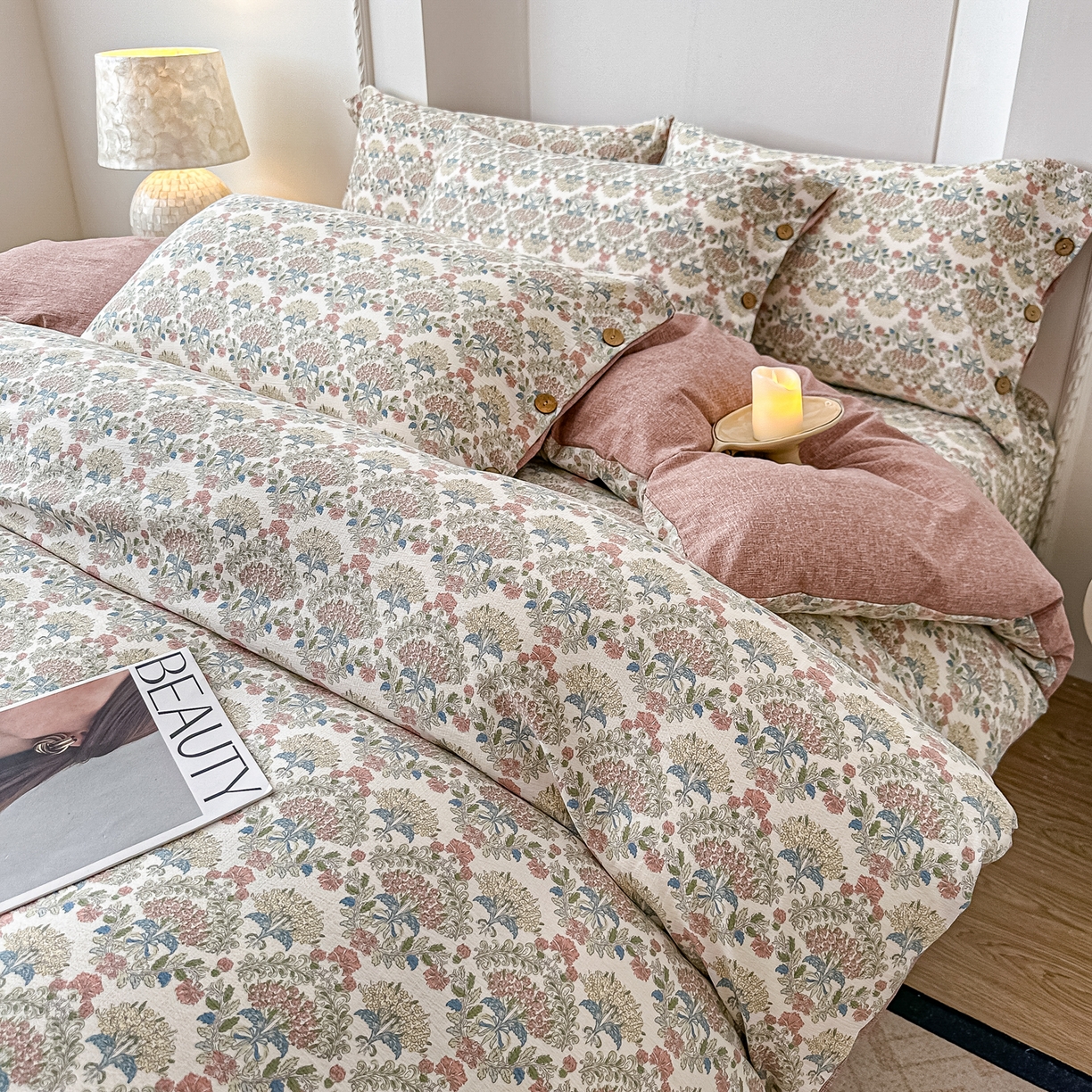 91家纺网 家纺一手货源 找家纺 富米莱（原臻工厂） 2025秋冬新品加厚高克重原麻复古风亚麻高端纽扣款床盖床单四件套 纽扣款-百合欢