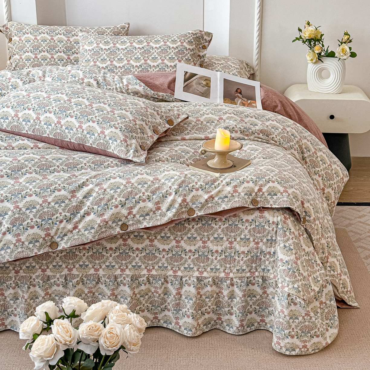 91家纺网 家纺一手货源 找家纺 富米莱（原臻工厂） 2025秋冬新品加厚高克重原麻复古风亚麻高端纽扣款床盖床单四件套 纽扣款-百合欢