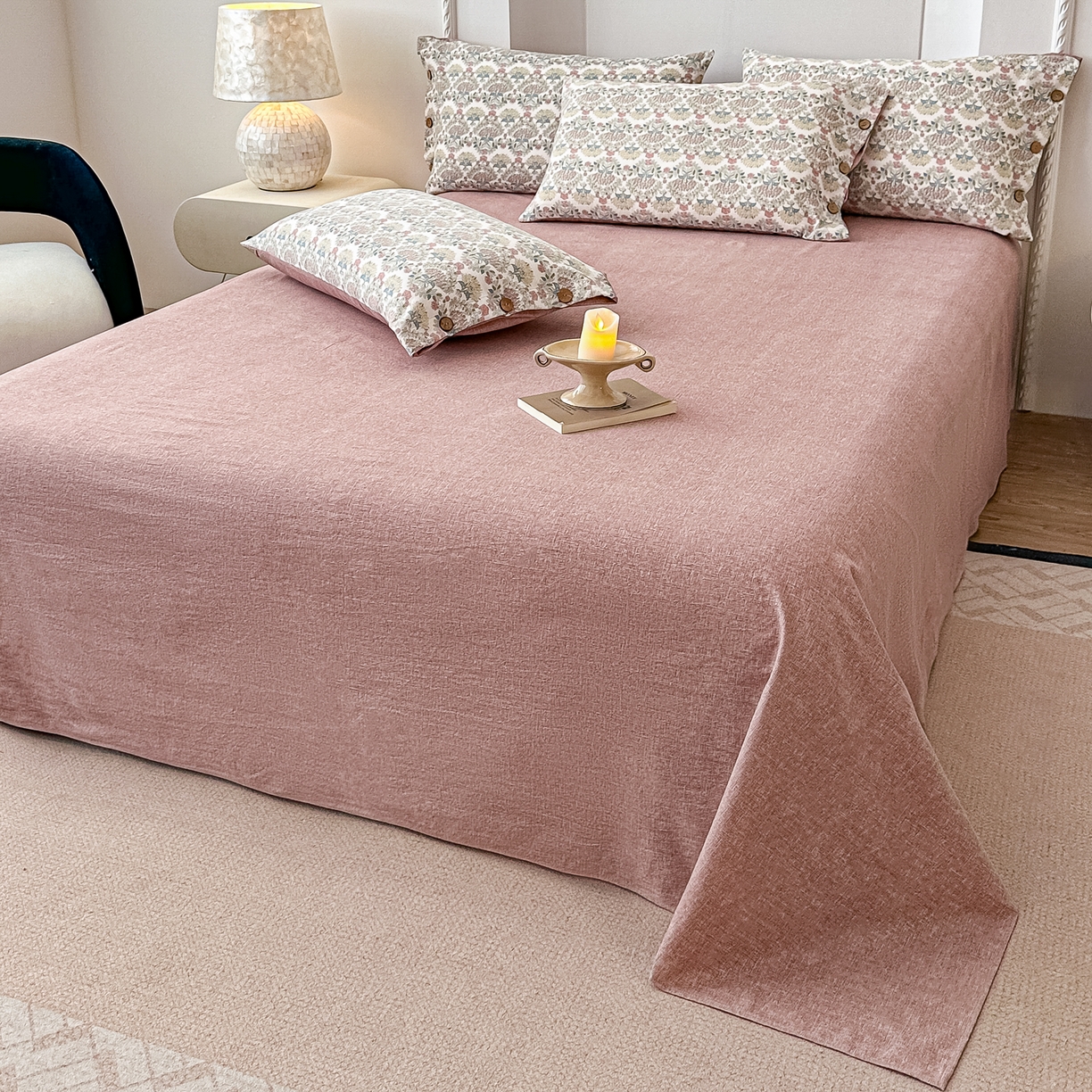 91家纺网 家纺一手货源 找家纺 富米莱（原臻工厂） 2025秋冬新品加厚高克重原麻复古风亚麻高端纽扣款床盖床单四件套 纽扣款-百合欢