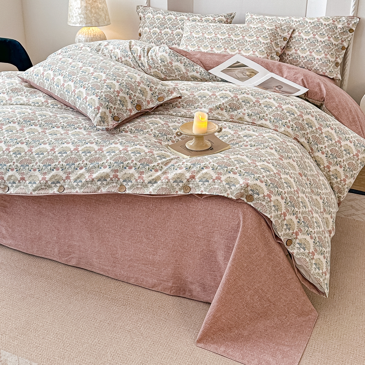 91家纺网 家纺一手货源 找家纺 富米莱（原臻工厂） 2025秋冬新品加厚高克重原麻复古风亚麻高端纽扣款床盖床单四件套 纽扣款-百合欢