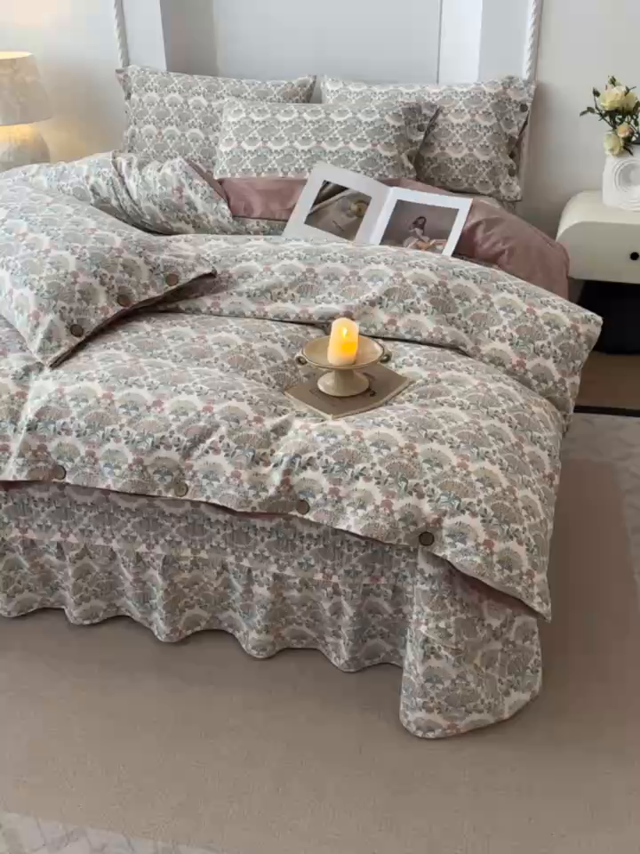 91家纺网 家纺一手货源 找家纺 富米莱（原臻工厂） 2025秋冬新品加厚高克重原麻复古风亚麻高端纽扣款床盖床单四件套 纽扣款-百合欢