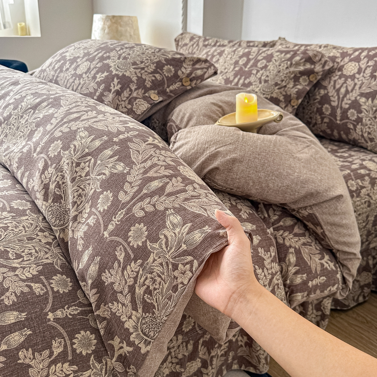 91家纺网 家纺一手货源 找家纺 （总）富米莱（原臻工厂） 2025秋冬新品加厚高克重原麻复古风亚麻高端纽扣款床盖床单四件套