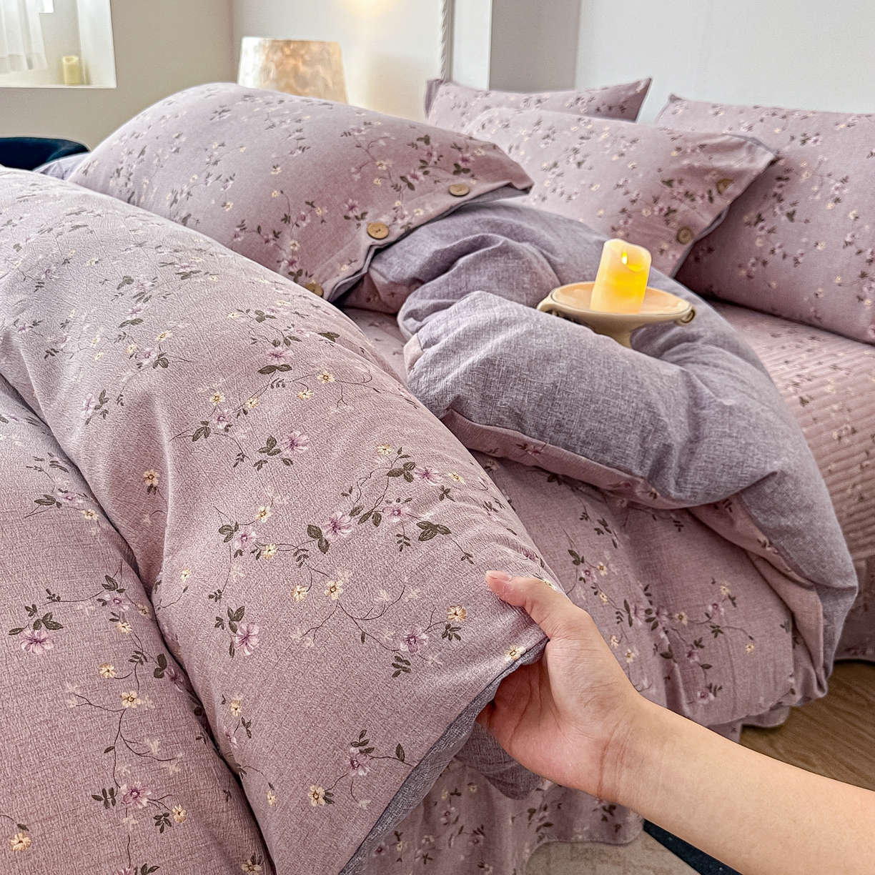 91家纺网 家纺一手货源 找家纺 富米莱（原臻工厂） 2025秋冬新品加厚高克重原麻复古风亚麻高端纽扣款床盖床单四件套 纽扣款-大喜紫