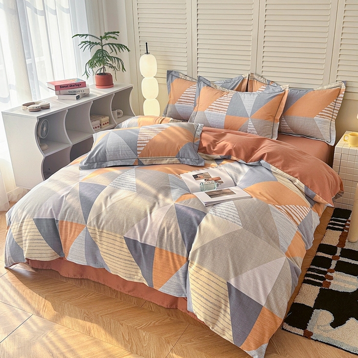 91家纺网 家纺一手货源 找家纺 简约 2025新款全棉四件套活性生态磨毛四件套 创意几何-桔