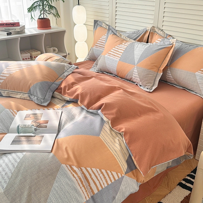 91家纺网 家纺一手货源 找家纺 简约 2025新款全棉四件套活性生态磨毛四件套 创意几何-桔