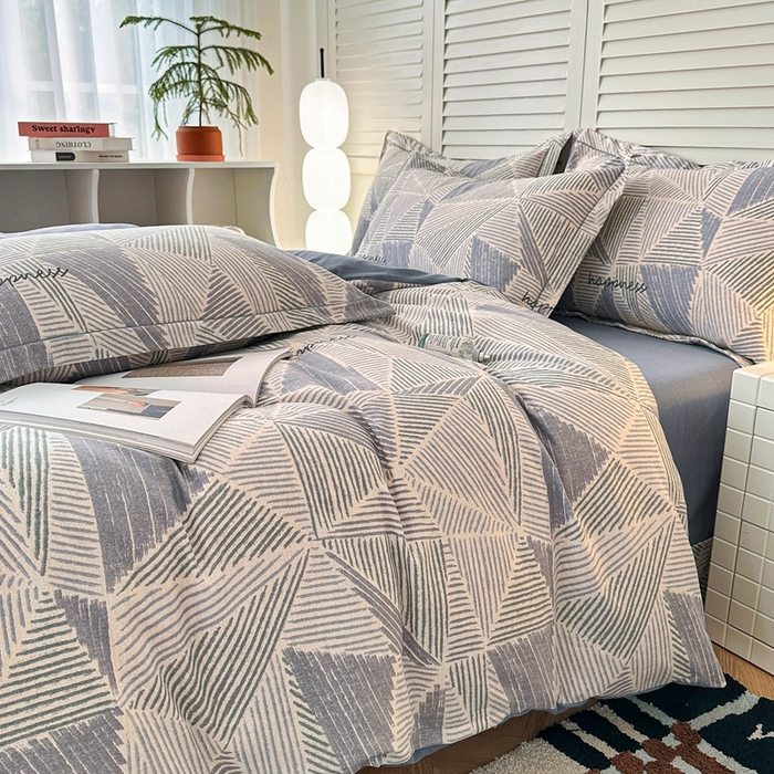 91家纺网 家纺一手货源 找家纺 简约 2025新款全棉四件套活性生态磨毛四件套 时光机-灰